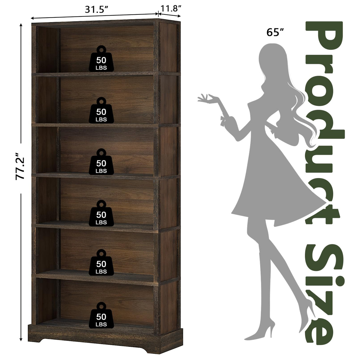 TVU 6-Tier Wooden Book Shelf, Floor-Standing Display Bookcase, 77.2" H x 31.5" W x 11" D Bookshelf, Farmhouse Style Book Case with Arched Base, Suitable for Living Room, Study, Office, Rustic Brown TVU