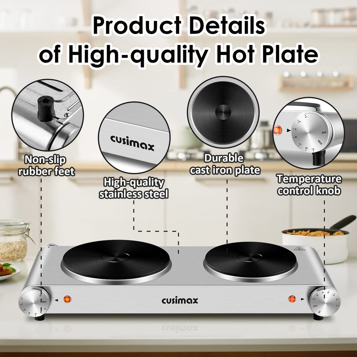 CUSIMAX Hot Plate, Electric Double Burner, 1800W Cast Iron Countertop Cooktop, Portable for Cooking, Compatible for All Cookwares, Easy Clean, Upgraded Version CUSIMAX