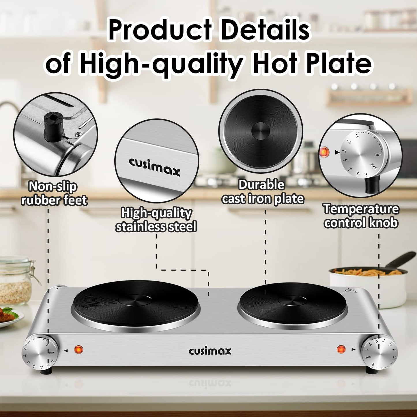 CUSIMAX Hot Plate, Electric Double Burner, 1800W Cast Iron Countertop Cooktop, Portable for Cooking, Compatible for All Cookwares, Easy Clean, Upgraded Version