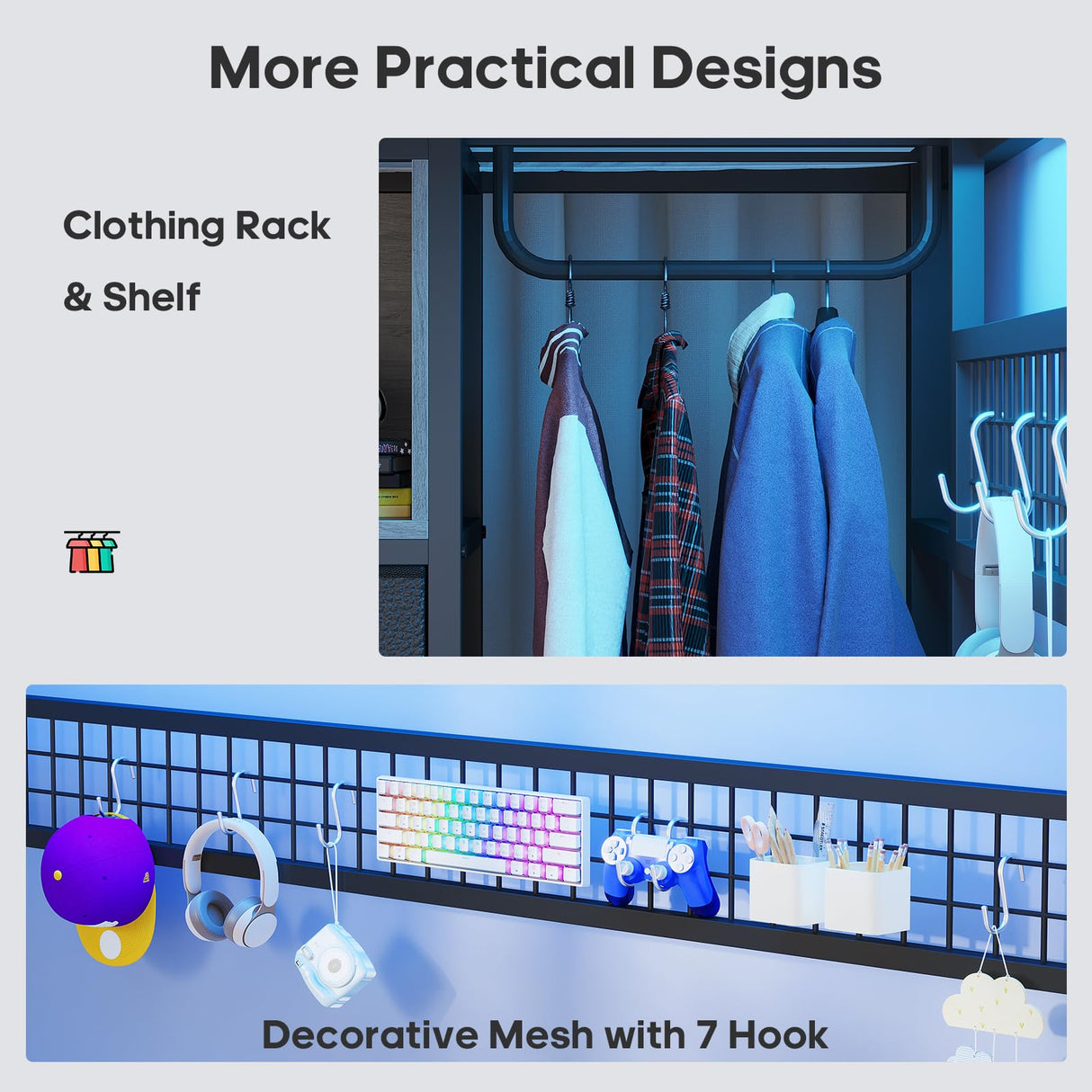 ADORNEVE Loft Bed Full Size with Desk and 8 Storage Drawers, LED Metal Loft Bed with Power Outlet, 2 Shelves & Clothing Rack, Bed with Safety Guardrail & Ladder,Space-Saving, Grey ADORNEVE