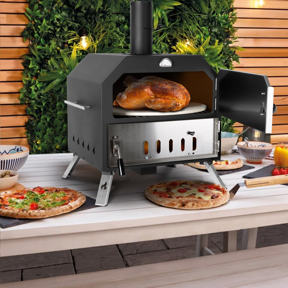 15’’ Outdoor Pizza Oven Wood Fired Pizza Oven Portable Patio Ovens Included Pizza Stone, Pizza Peel, Fold-up Legs, Cover Cooking Rack for Camping Backyard BBQ Polar Aurora
