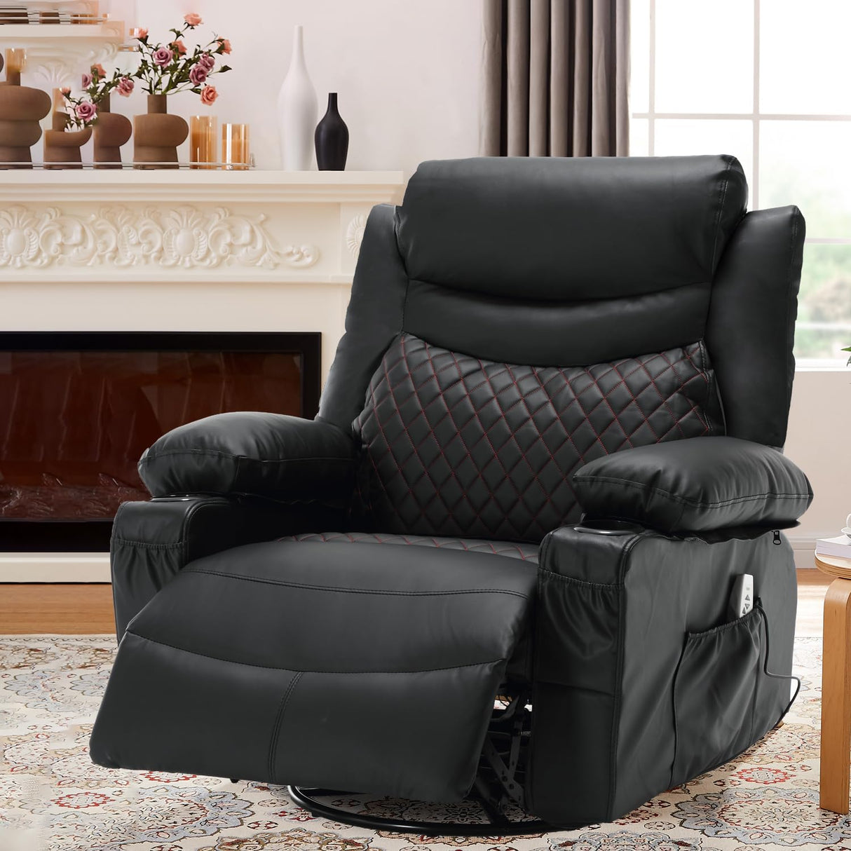 linting Electric Swivel Rocker Recliners with Massage and Heat for Adults Faux Leather Overstuffed Power Swivel Recliner with Cup Holders USB Port, Black Rocking Glider Chairs linting