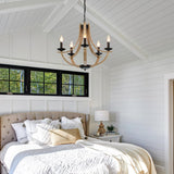 LAMPKEDUO Farmhouse Chandeliers for Dining Room Light Fixture, 5-Light 24 inch Faux Wood Texture Hanging Lighting Fixtures, Rustic Candle Chandeliers for Living Room Kitchen Island Foyer Entryway LAMPKEDUO