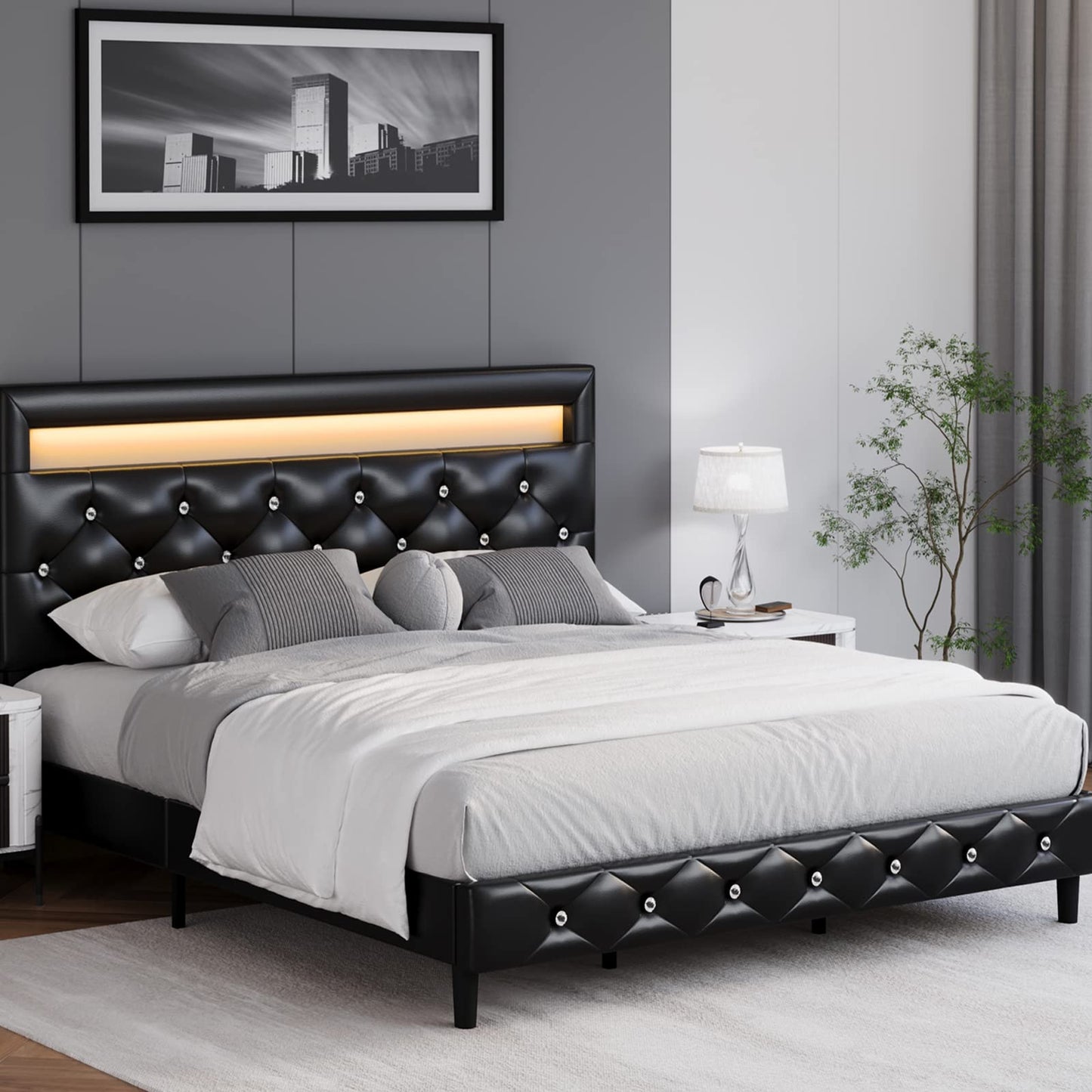 Keyluv Modern Upholstered King Size Bed Frame with LED Lights and Adjustable Crystal Tufted Headboard - WoodArtSupply