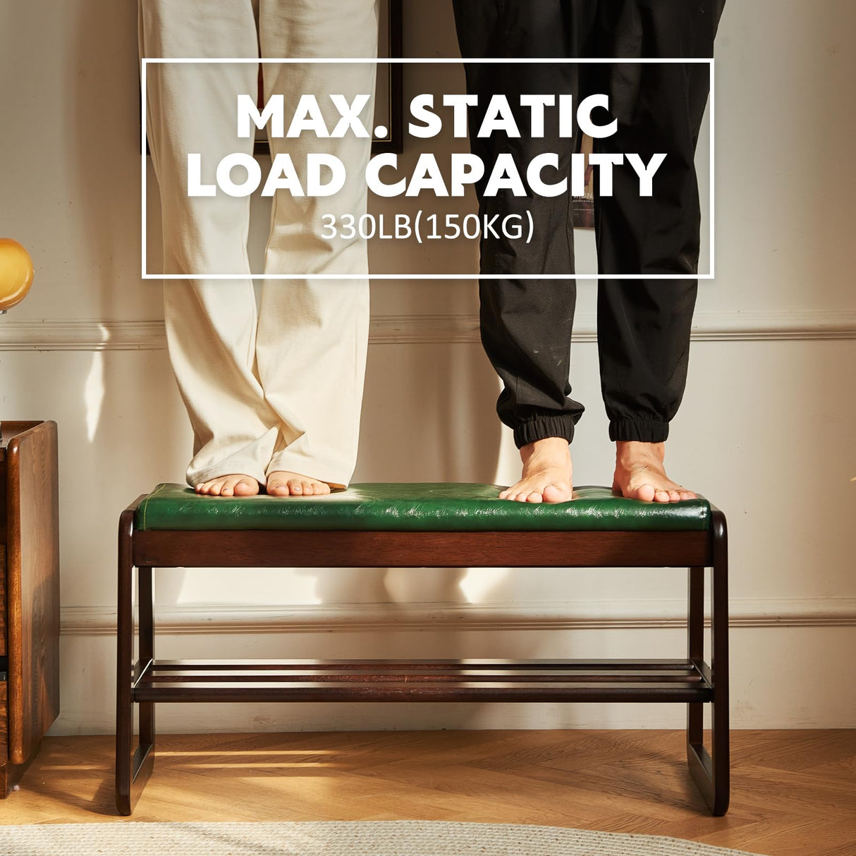 Solid Wood Shoe Bench, 2-Tier Wooden Storage Entryway Bench, Mid-Century Modern Shoe Bench Rack, End of Bed Bench with Faux Leather Cushion, Ottoman Bench for Hallway, Living Room (Walnut, 31.5'') Fetuero