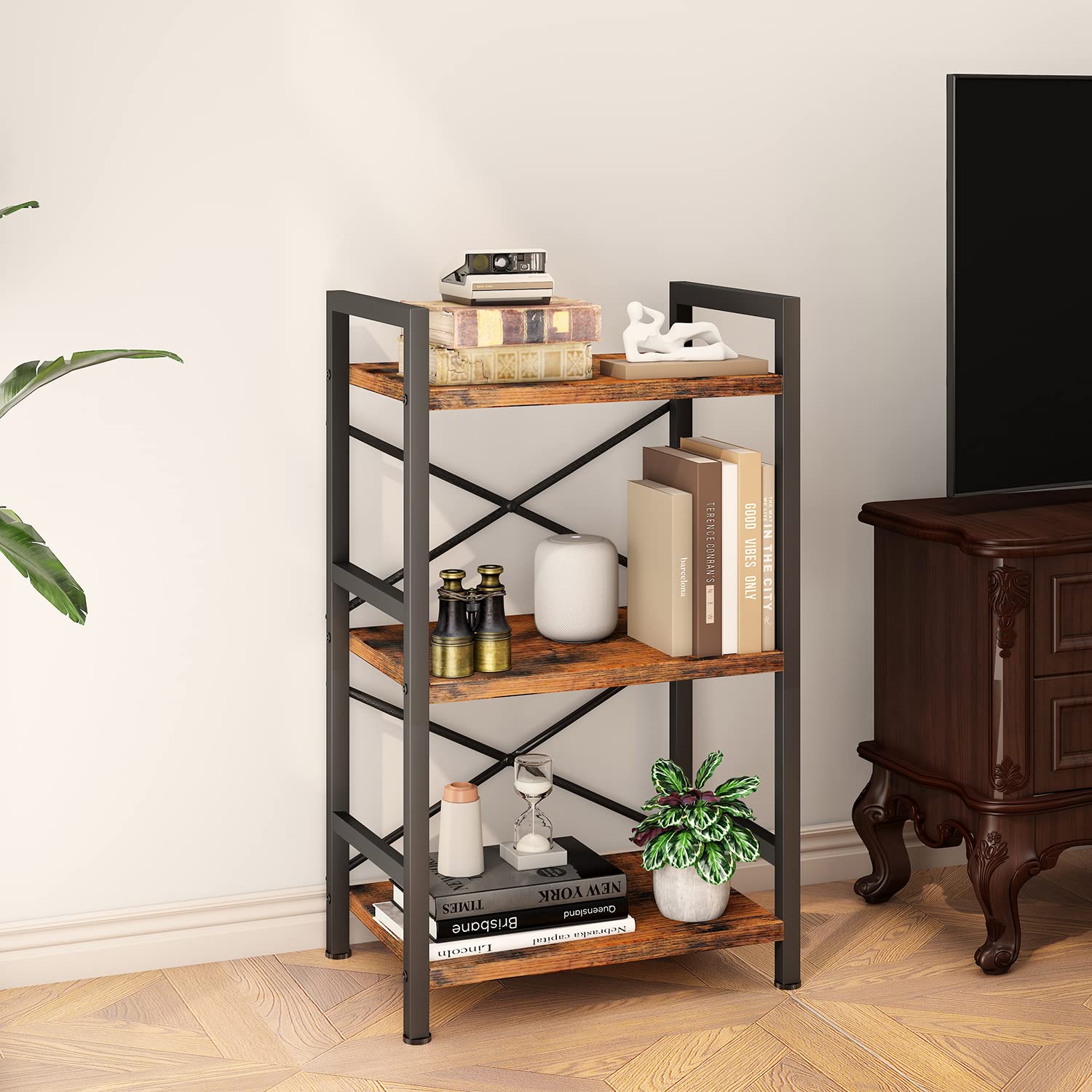 Store 3-Tier Bookcase, Small Storage Shelves, Industrial Shelving Unit, Brown