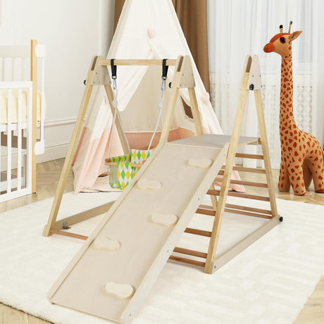 HONEY JOY Kids Indoor Jungle Gym, 4-in-1 Toddler Climbing Toy w/Baby Swing, Climber, Ladder, Climbing Ramp, Resting Platform, Wooden Montessori Playground Playset for Kids Aged 1+ (Natural) HONEY JOY