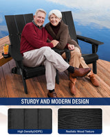 POWERWOOD Modern Adirondack Chair, Oversized HDPE Folding Adirondack Chairs Wood Texture, Higher Back Weather Resistant Outdoor Adirondack Chair Set with Cup Holder, Plastic Fire Pit Chairs (Black) POWERWOOD