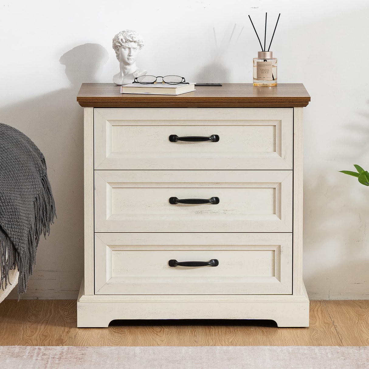 HOMMPA 24'' Farmhouse Nightstand with Charging Station, Bedside Tables with Storage, Side Table with USB Port, 3 Drawers End Table Dresser, Wood Night Stand for Bedroom, Living Room, Rustic White HOMMPA