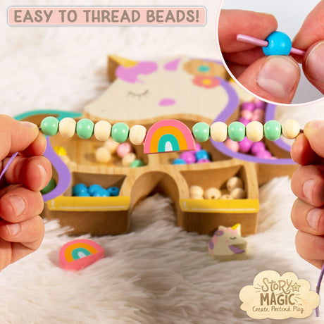 Story Magic Unicorn Bead Set by Horizon Group USA, Create Your Own Magical Beaded Jewelry, Includes Over 100 Natural Wooden Beads Large Hole, 5 Pre-Cut Elastic Cords with Shoelace Ends, Storage Case Story Magic