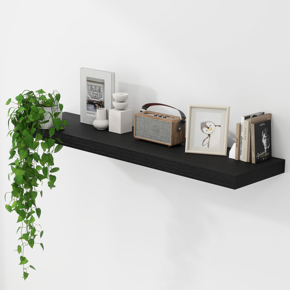 Fun Memories Floating Shelves 48 Inch Long, 9.3 Inch Deep Wall Shelf Fireplace Mantel, Rustic Farmhouse Solid Wood Shelves for Wall Decor Bathroom, Kitchen, Office, Black, Set of 1 Fun Memories