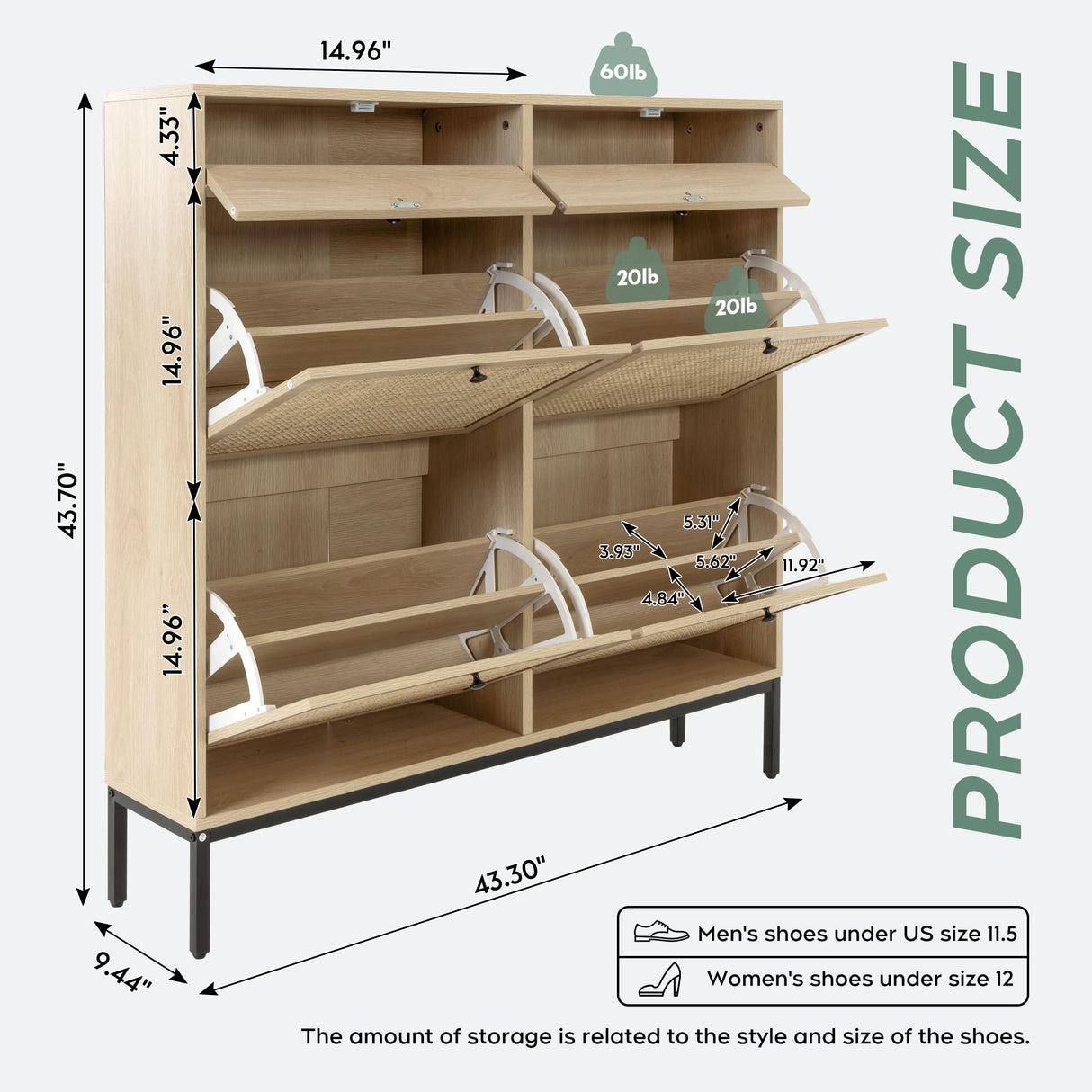 Brafab Freestanding Shoe Cabinet with 4 Flip Drawers, Natural Rattan Shoe Storage Organizer, Slim Shoe Storage for Entryway, Hallway Brafab