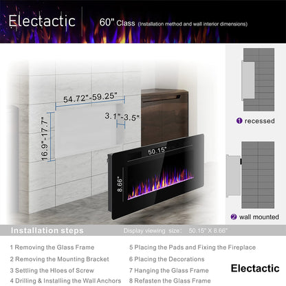 Electactic 60 inches Electric Fireplace Recessed and Wall Mounted, Fireplace Heater and Linear Fireplace, with Timer, Remote Control, Adjustable Flame Color, 750w/1500w, Black