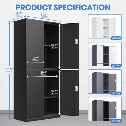 DNA MOTORING Metal Storage Cabinet, 71'' Locking Cabinet with 4 Doors and 2 Adjustable Shelves, Metal Cabinet Heavy Duty Utility Cabinet for Garage,Office,Home,Gym, Black, TOOLS-00634-BK-BK