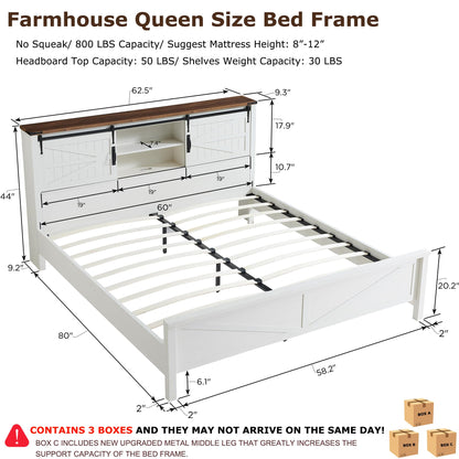 Farmhouse Antique White Queen Bed Frame with Storage Headboard and Barn Door Elegance - WoodArtSupply