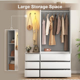 UZUGUL 72'' Armoire Wardrobe Closet with Mirror and 6 Drawers,Bedroom Armoire Wardrobe Cabinet with Hanging Rod and Light,Wooden Bedroom Closet with 3 Storage Shelf (White) UZUGUL