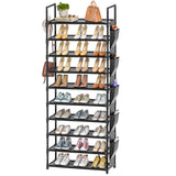 LUKYTOWER Tall Shoe Rack - 10 Tier Shoe Organizer with Metal Shelf, 5 Hooks, Pocket & Sturdy Stand for Closet Shoes LUKYTOWER