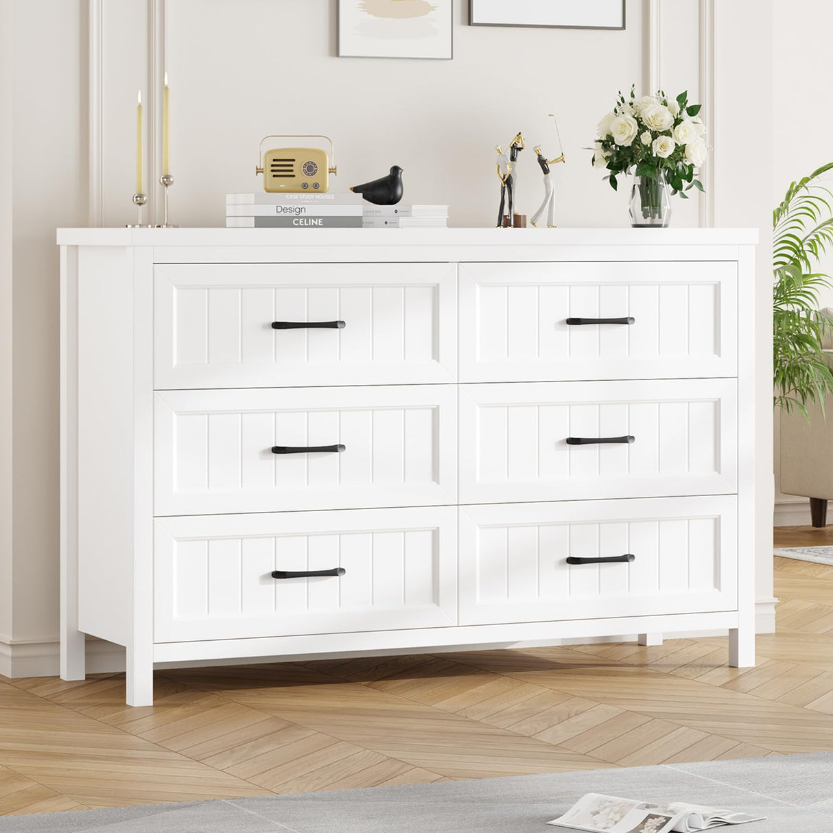 Jocoevol 6 Drawer Dresser for Bedroom, Farmhouse Dresser with Deep Drawers, Large White Dresser Wooden Double Dresser Chest of Drawers for Living Room, Hallway, Entryway (White, 6 Drawer) Jocoevol