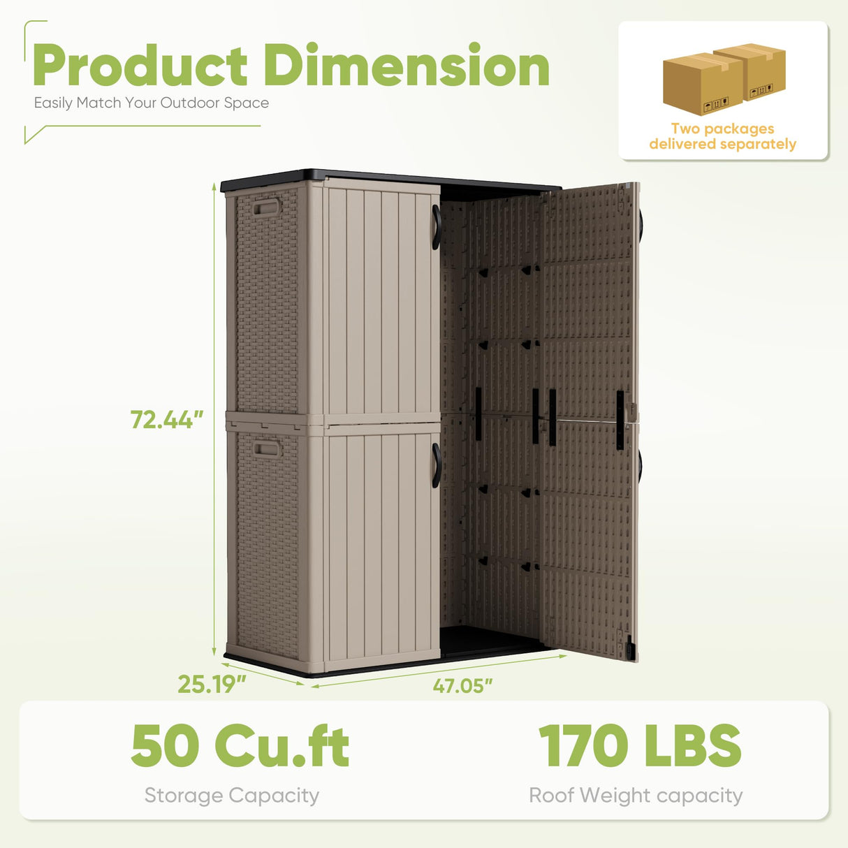 Devoko Outdoor Storage Cabinet 50 Cu Ft with Lockable Doors, Vertical Storage Shed Waterproof Patio Tools Storage Box for Sofa Cushions, Gardening Tools and Accessories (Beige) Devoko