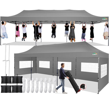 COBIZI 10x30 Pop up Canopy Tent 10x30 Canopy with 8 Sidewalls Waterproof Heavy Duty Commercial Canopy Tent for Parties Outdoor Tent Garden Gazebo Tent, Carry Bag with Wheel(10x30ft, Gray) COBIZI
