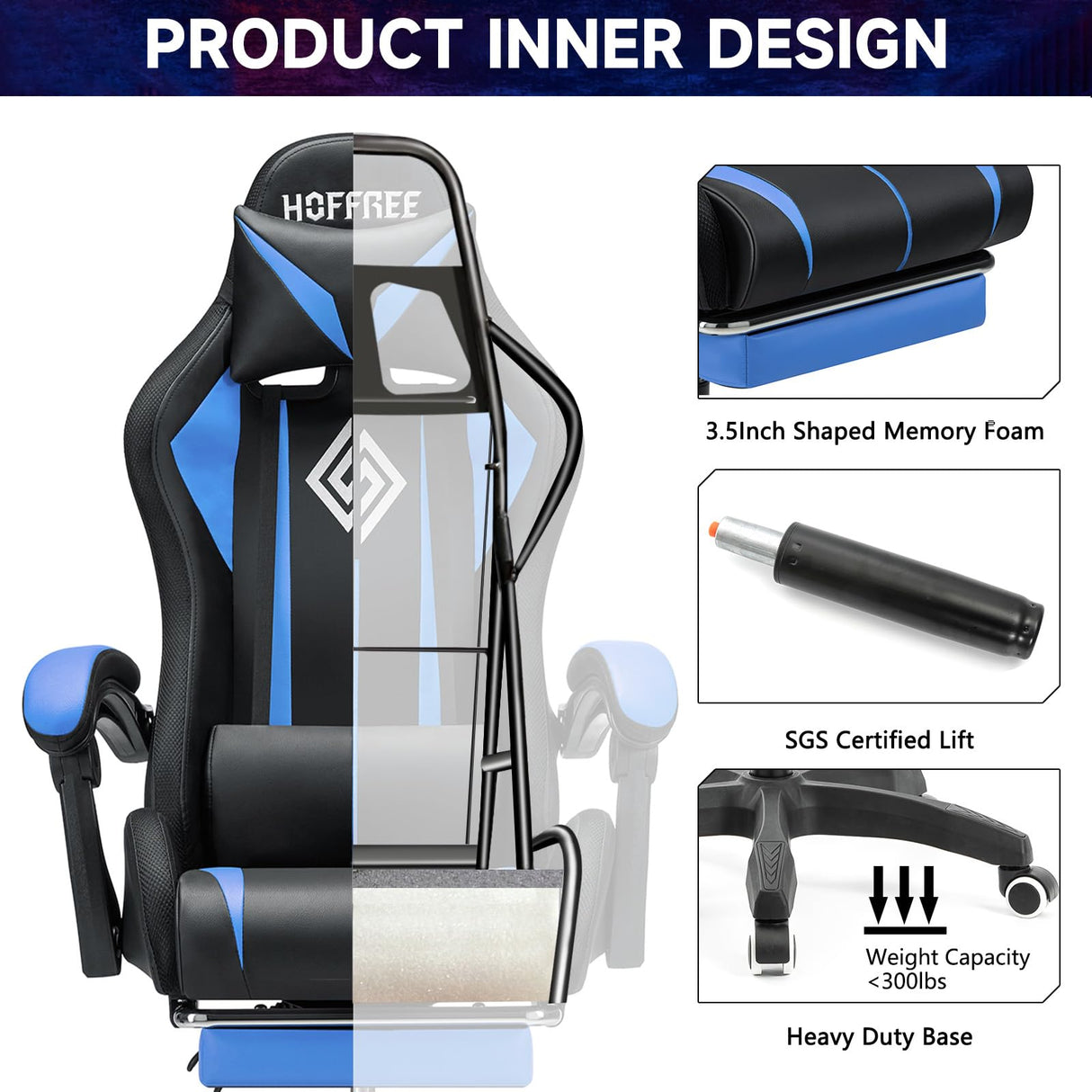 HOFFREE Gaming Chair Massage with Bluetooth Speakers Ergonomic Computer Gaming Chair with LED RGB Lights Footrest High Back Music Video Game Chair with Lumbar Support Blue and Black HOFFREE