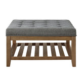 24KF Large Square Upholstered Tufted Linen Ottoman Coffee Table, Large Footrest Ottoman with Solid Wood Shelf-Granite 24KF