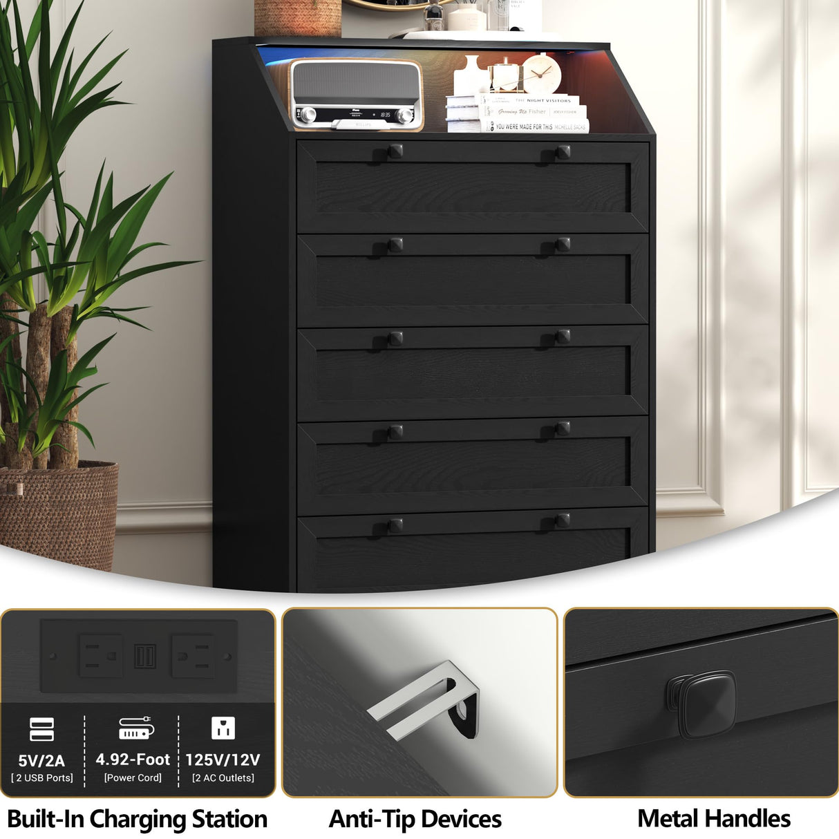 BORNOON 5 Drawer Tall Dresser with LED Lights & Charging Station, Modern Wood Chest of Drawers for Bedroom, Storage Dresser with Metal Handles & Anti-Tip Kit for Closet, Living Room, Entryway BORNOON