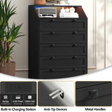 BORNOON 5 Drawer Tall Dresser with LED Lights & Charging Station, Modern Wood Chest of Drawers for Bedroom, Storage Dresser with Metal Handles & Anti-Tip Kit for Closet, Living Room, Entryway BORNOON