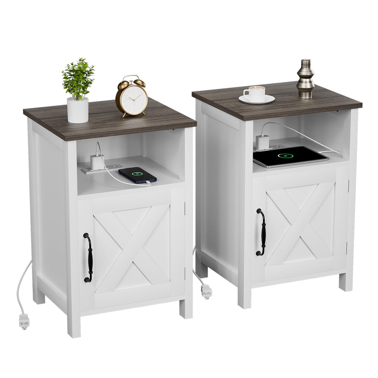 Ltysh Farmhouse Nightstand with Charging Station, Modern Bedside Table Set of 2 with Barn Door and Shelf, Rustic Sofa Side End Table Side Table, Dresser for Bedroom, Living Room (White,2) Ltysh