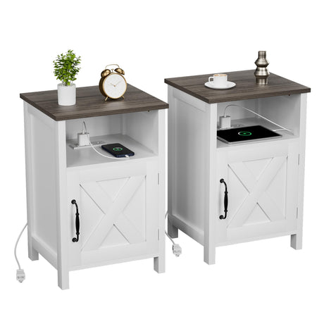 Ltysh Farmhouse Nightstand with Charging Station, Modern Bedside Table Set of 2 with Barn Door and Shelf, Rustic Sofa Side End Table Side Table, Dresser for Bedroom, Living Room (White,2) Ltysh