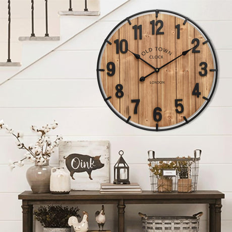 EMAX HOME Large Old Town Farmhouse Wall Clock 24 Inch Rustic Antique Wood with Metal Circle and Large Numerals Silent Battery Operated Wall Clock for Office Kitchen Bedroom Living Room EMAX HOME