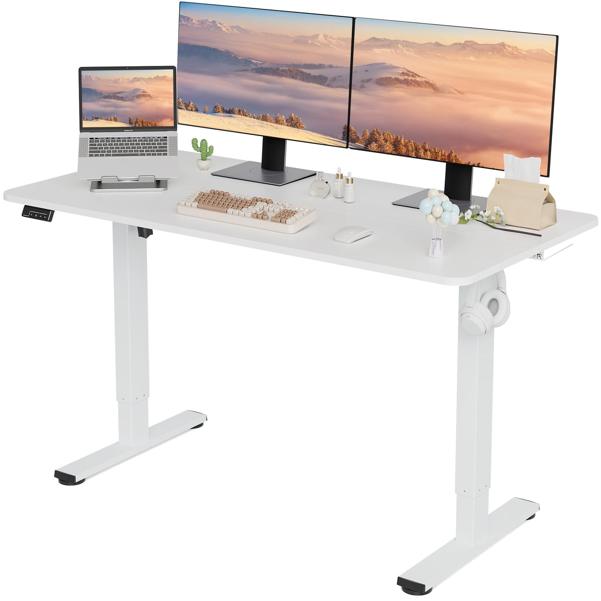 LongKe Electric Standing Desk Adjustable Height, Stand up Home Office Desk, 55x24 Inches Sit Stand Desk with Memory Preset, White LongKe