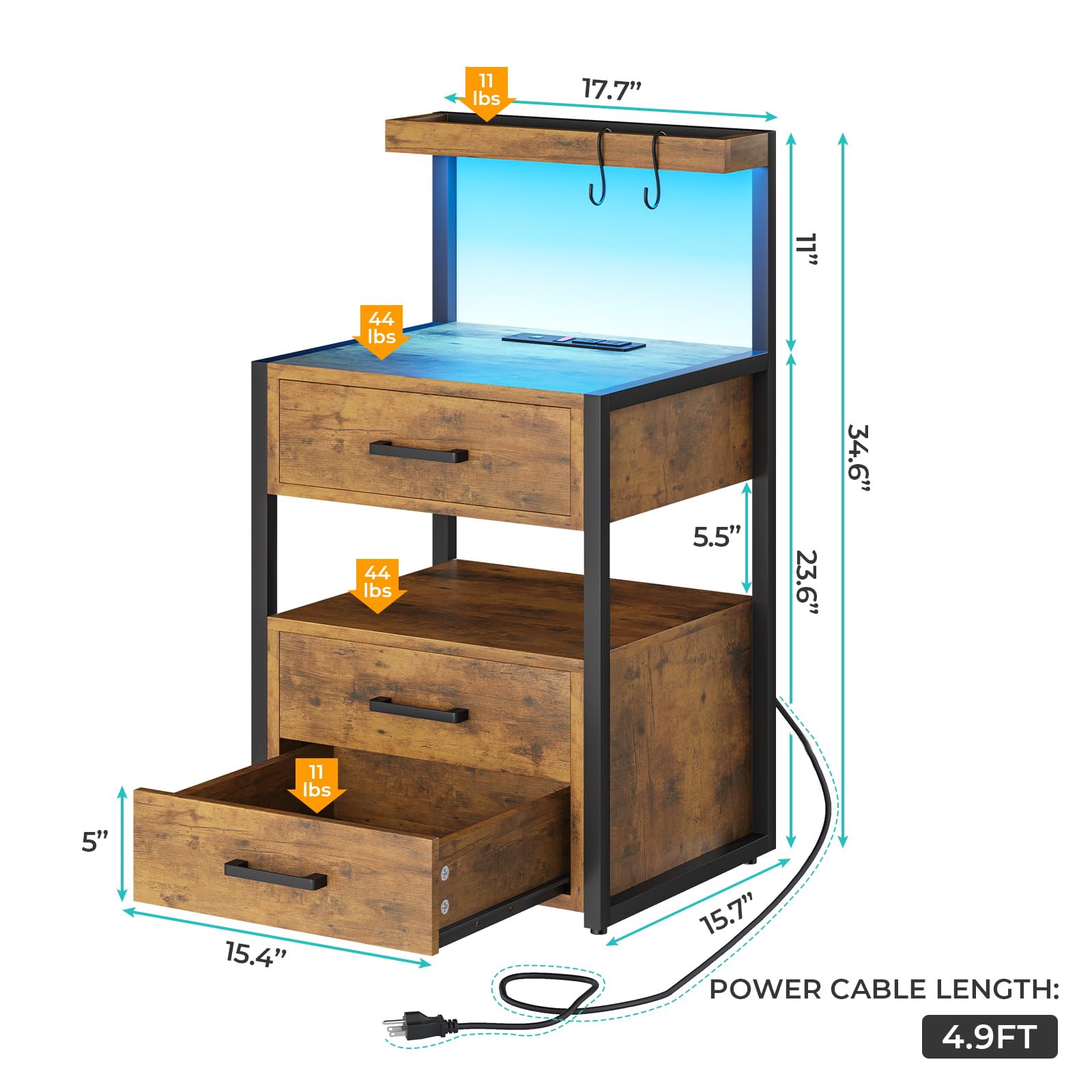 VIAGDO Led Nightstand with Charging Station, 3 Drawers Night Stands with Led Lights, Rustic Brown Bedside Tables with Storage Shelves, Modern End Side Tables for Bedroom, Office - WoodArtSupply