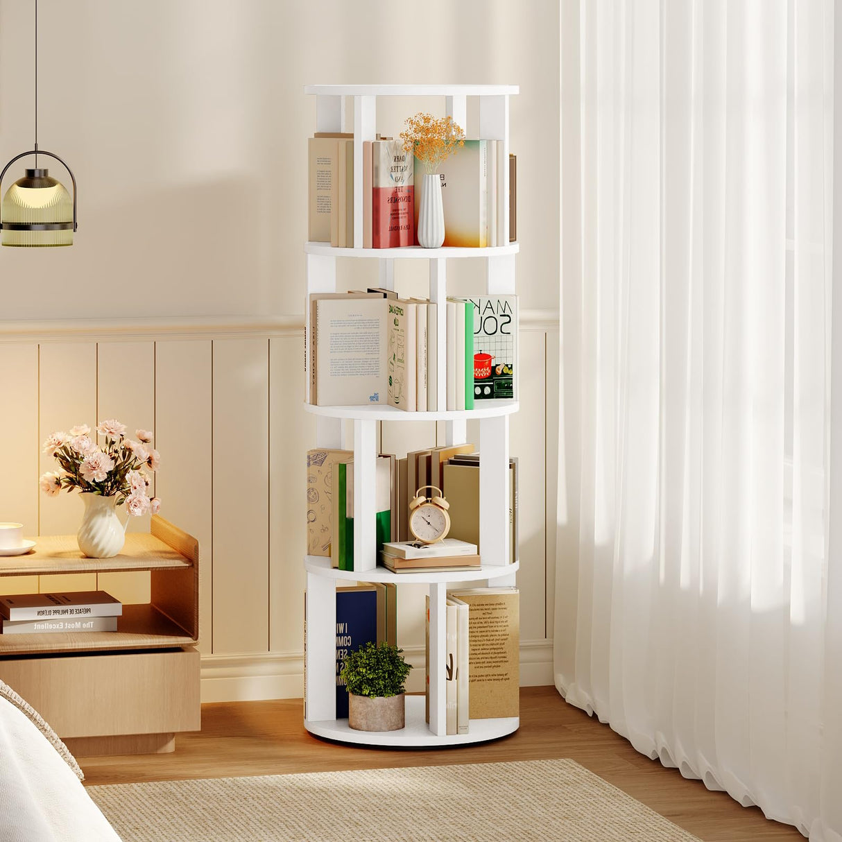 MAHANCRIS 4-Tier Rotating Bookshelf, 360° Spinning Bookshelf Tower, Floor Standing Round Revolving Bookcase, Display Rack for Books, CDs, for Living Room, Study, Bedroom, White BKWT6401 MAHANCRIS