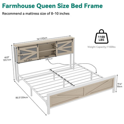 YITAHOME Farmhouse King Size Bed Frame with Headboard, Bookcase Storage Shelves, Sliding Grid Barn Door, Charging Station, Rustic Wood Platform Bed, No Box Spring Needed, Oak