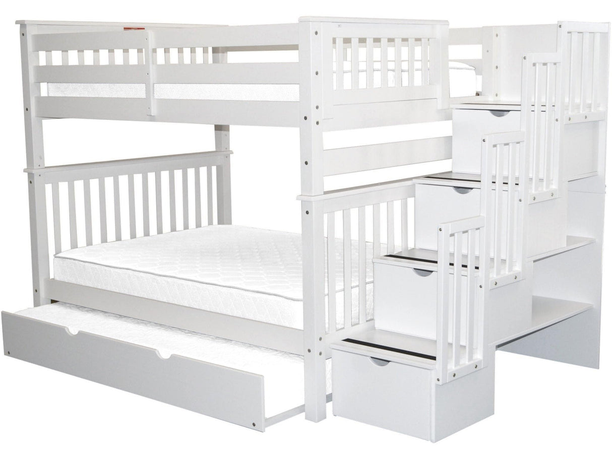 Bedz King Stairway Bunk Beds Full over Full with 4 Drawers in the Steps and a Full Trundle, White Bedz King