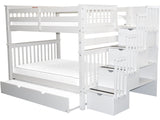 Bedz King Stairway Bunk Beds Full over Full with 4 Drawers in the Steps and a Full Trundle, White Bedz King