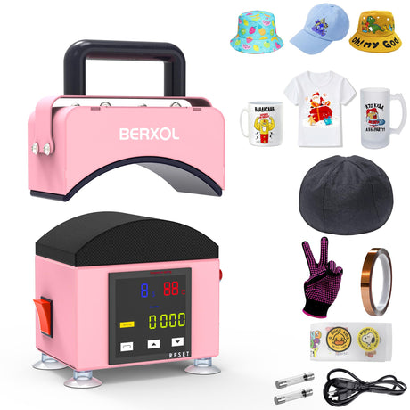 BERXOL Hat Press,Hat Press Heat Machine for Caps, Curved Heat Plate，Precise Temperature & Timer Control for Easy Operation, Mini Hat Heat Press for Hats, Bags and Socks (Coral Pink) BERXOL