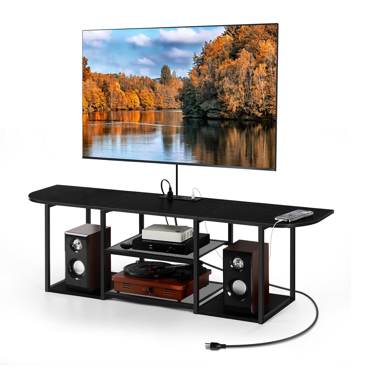 ETELI Floating TV Stand with Power Outlet Wall Mounted Under TV Shelf with Storage Floating Entertainment Center Media Console Table for Living Room Bedroom Office, Black ETELI