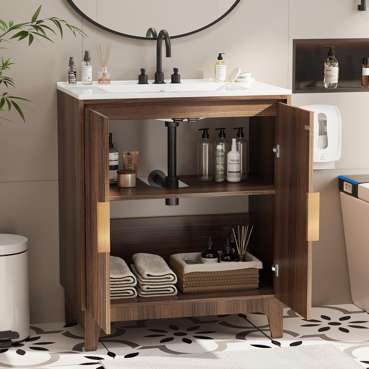 VINGLI 30Inch Walnut Fluted Bathroom Vanity with Ceramic Sink, 2-Door Cabinet, Mid-Century Modern Style, Perfect for Medium to Small Bathrooms VINGLI