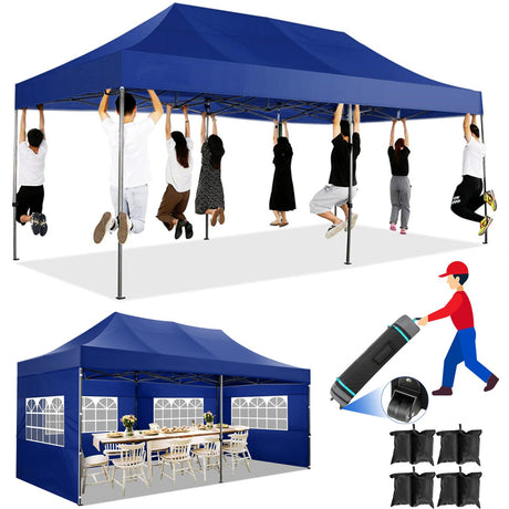 COBIZI Pop up Canopy Tent 10x20 Heavy Duty Gazebo with 6 Sidewalls, UPF 50+ All Weather Waterproof Commercial Outdoor Wedding Party Tents Canopy with Roller Bag, Dark Blue COBIZI