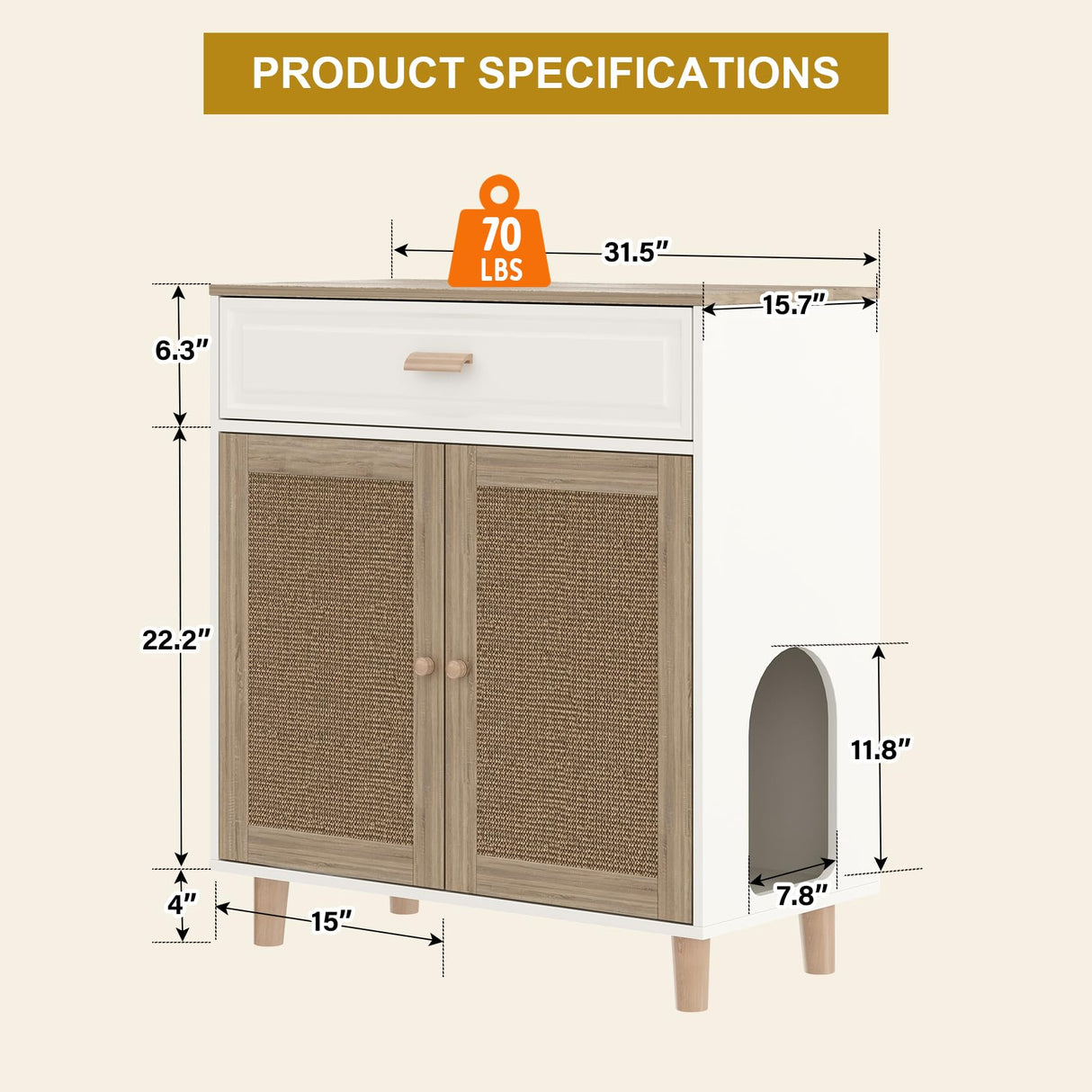 Cat Litter Box Enclosure Furniture Hidden Indoor 2-in-1 Wooden Cat House & Washroom Cabinet with Scratching Board Doors and Drawer, 31.5"x15.7"x34.6"H Faceket