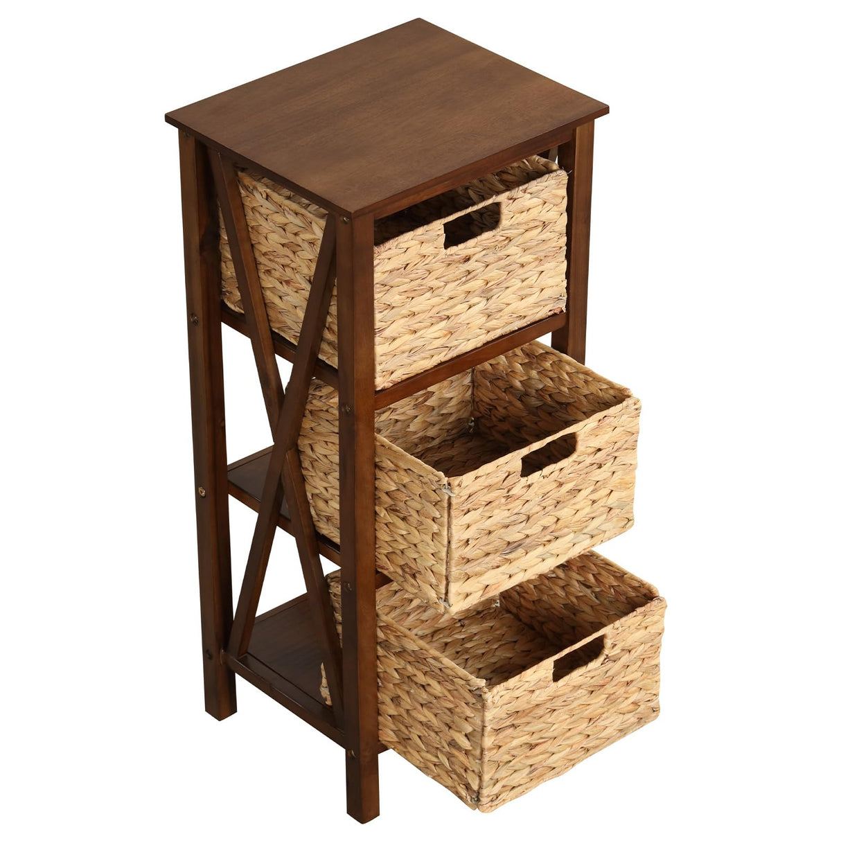 Giantex 3-Tier Nightstand with 3 Wicker Baskets, Wooden X-Design Side Table End Table, Beside Table with Acacia Wood Legs, Mid Century Accent Storage Cabinet for Small Spaces, Bedroom, Walnut Giantex