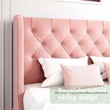 HOMBCK Queen Bed Frame, Upholstered Bed Frame with Headboard, Pink Queen Bed Frame, Wide Wingback, Soft Velvet Bed Frame, No Box Spring Needed, Noise Free, Easy Assembly, Pink HOMBCK