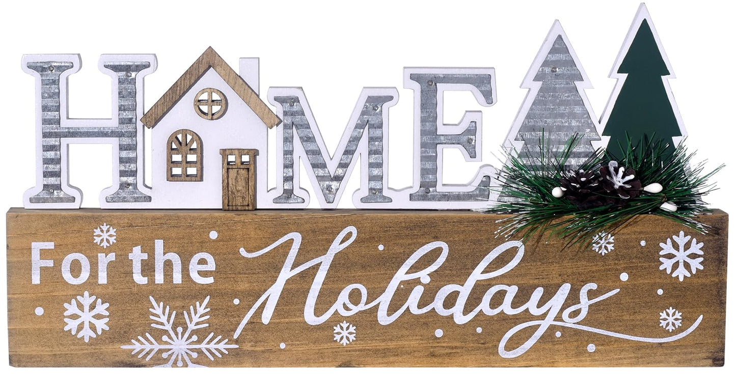 Wooden Christmas Sign Blocks, HOME for the Holiday Quote Christmas Table Decor, Xmas Centerpiece Block Sign with Snowflake & Pine Tree, Christmas Decoration for Office Desk Mantle (BROWN)