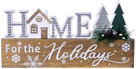 Wooden Christmas Sign Blocks, HOME for the Holiday Quote Christmas Table Decor, Xmas Centerpiece Block Sign with Snowflake & Pine Tree, Christmas Decoration for Office Desk Mantle (BROWN) Ovootok