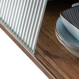 HollyHOME Small Bamboo Kitchen Pantry Sideboard with 2 Sliding Striped Glass Doors, Freestanding Countertop Storage Cabinet for Bottles, Dish, Bowl, Console Dining Cupboard, Walnut HollyHOME