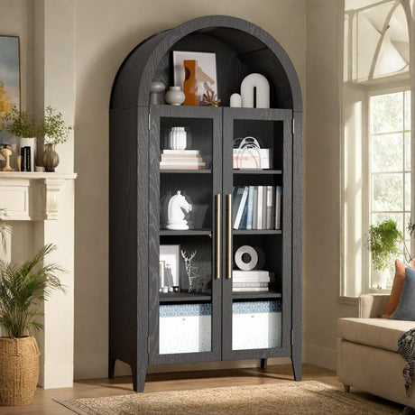 infurnic Arched Display Cabinet, 63'' Tall 5-Tier Arched Bookcase with Glass Doors & Adjustable Shelves for Living Room, Dining Room & Kitchen, Black infurnic