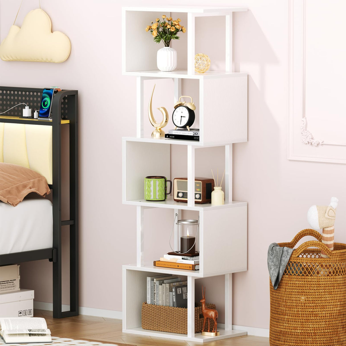 Furologee White Geometric Bookshelf 6 Tier S-Shaped Bookcase, Tall Modern Display Storage Shelf, Metal and Wood Decorative Freestanding Room Divider Shelves for Bedroom, Living Room, Office Furologee