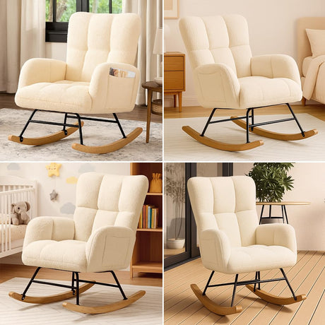 COMHOMA Nursery Rocking Chair, Teddy Upholstered Glider with Side Pockets, Accent Chair with High Backrest Reading Chair for Adult, Nursery, Bedroom, Living Room,Offices(Beige) COMHOMA
